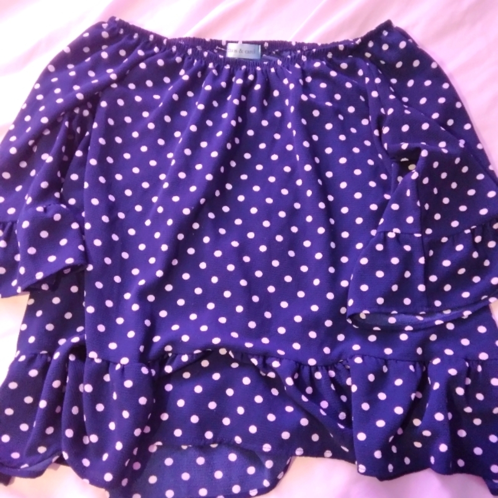 Chris & Carol Navy Blue White Polka Dotted Off The Shoulder Top